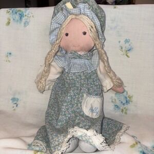 Holly Hobbie Vintage 1970s Rag Doll Blue Floral Dress Bonnet Braided Blonde Hair